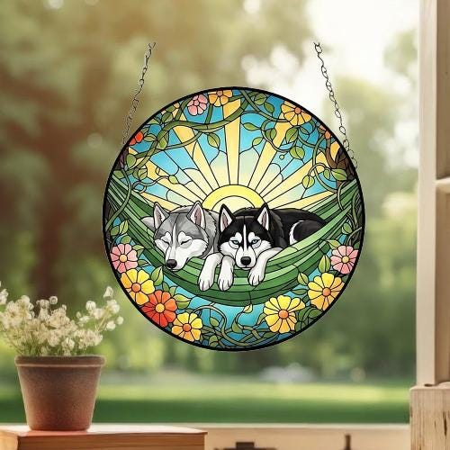 Custom Couple Siberian Husky Glass Suncatcher, Siberian Husky dog Mom Window Hanging, Wiener Dog Sun Catcher, Pet Lover Gift - image 3