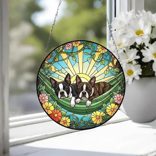 Custom Couple Boston terrier Glass Suncatcher, boston terrier  dog Mom Window Hanging, Wiener Dog Sun Catcher, Pet Lover Gift - image 4