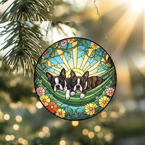 Custom Couple Boston terrier Glass Suncatcher, boston terrier  dog Mom Window Hanging, Wiener Dog Sun Catcher, Pet Lover Gift - image 3