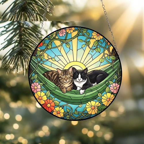 Custom Couple Domestic Shorthair  Glass Suncatcher, Domestic Shorthair cat Mom Window Hanging, Wiener Cat Sun Catcher, Pet Lover Gift - image 2