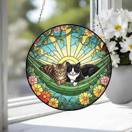 Custom Couple Domestic Shorthair  Glass Suncatcher, Domestic Shorthair cat Mom Window Hanging, Wiener Cat Sun Catcher, Pet Lover Gift - image 5