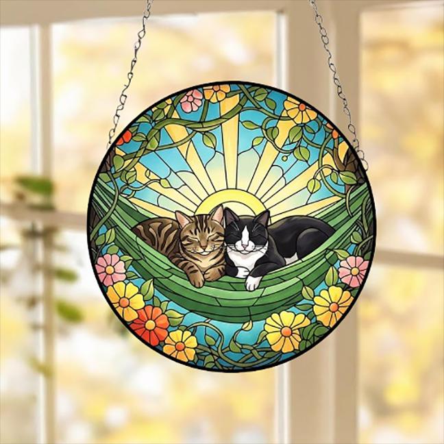 Custom Couple Domestic Shorthair  Glass Suncatcher, Domestic Shorthair cat Mom Window Hanging, Wiener Cat Sun Catcher, Pet Lover Gift