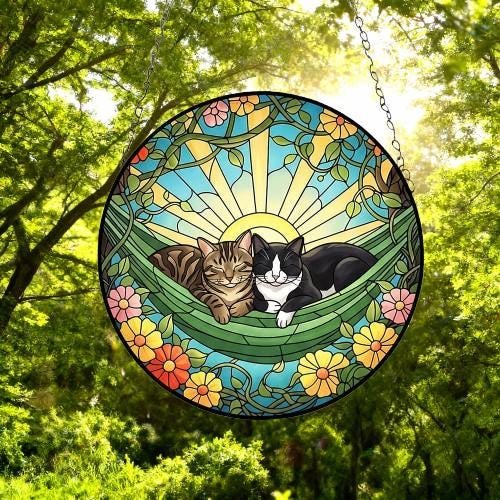 Custom Couple Domestic Shorthair  Glass Suncatcher, Domestic Shorthair cat Mom Window Hanging, Wiener Cat Sun Catcher, Pet Lover Gift - image 3
