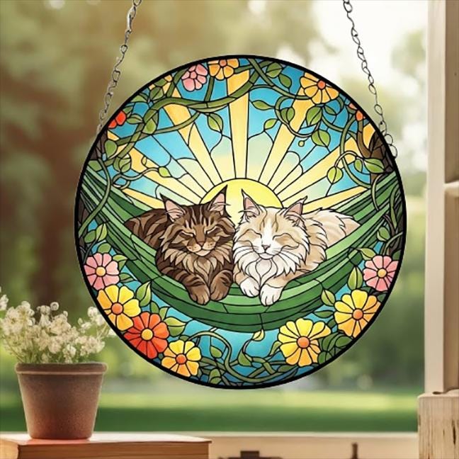Custom Couple Maine Coon Glass Suncatcher, Maine Coon cat Mom Window Hanging, Wiener Cat Sun Catcher, Pet Lover Gift