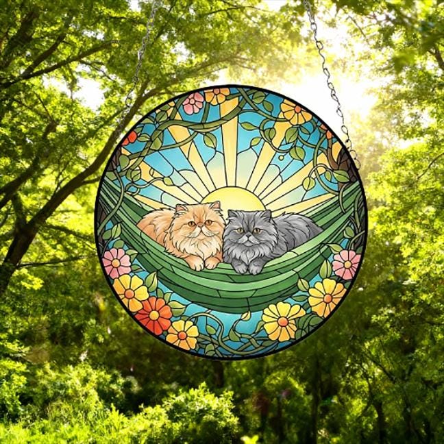 Custom Couple Persian  Glass Suncatcher, Persian  cat Mom Window Hanging, Wiener Cat Sun Catcher, Pet Lover Gift