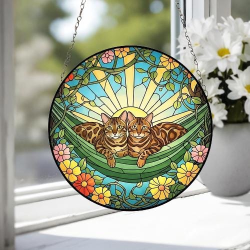 Custom Couple Bengal  Glass Suncatcher, Bengal  cat Mom Window Hanging, Wiener Cat Sun Catcher, Pet Lover Gift - image 3