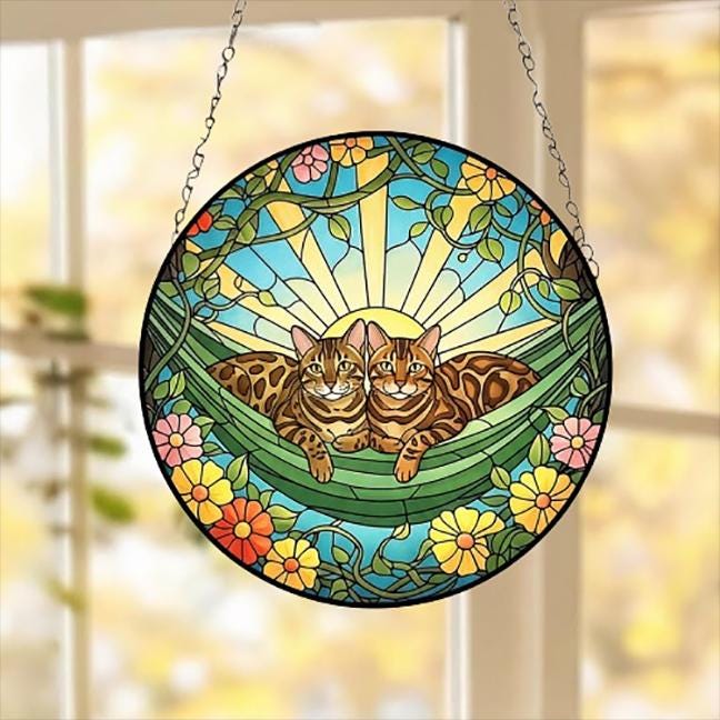 Custom Couple Bengal  Glass Suncatcher, Bengal  cat Mom Window Hanging, Wiener Cat Sun Catcher, Pet Lover Gift