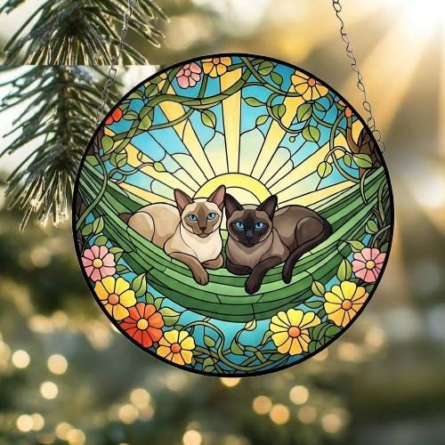Custom Couple Siamese Glass Suncatcher, Siamese cat Mom Window Hanging, Wiener Cat Sun Catcher, Pet Lover Gift - image 2