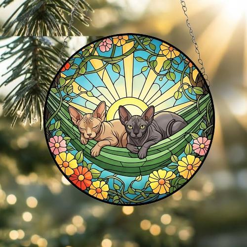 Custom Couple Sphynx Glass Suncatcher, Sphynx cat Mom Window Hanging, Wiener Cat Sun Catcher, Pet Lover Gift - image 3