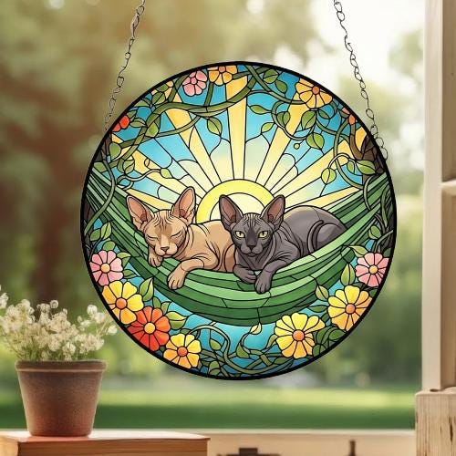 Custom Couple Sphynx Glass Suncatcher, Sphynx cat Mom Window Hanging, Wiener Cat Sun Catcher, Pet Lover Gift - image 4