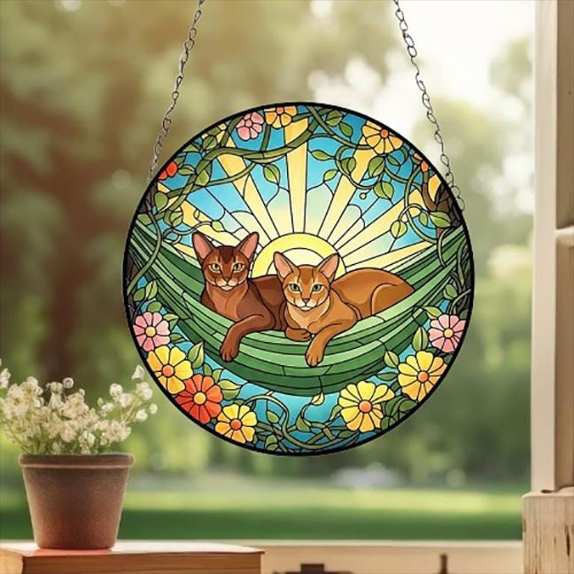 Custom Couple Abyssinian  Glass Suncatcher, Abyssinian  cat Mom Window Hanging, Wiener Cat Sun Catcher, Pet Lover Gift