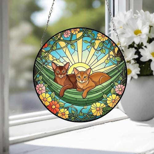 Custom Couple Abyssinian  Glass Suncatcher, Abyssinian  cat Mom Window Hanging, Wiener Cat Sun Catcher, Pet Lover Gift - image 3