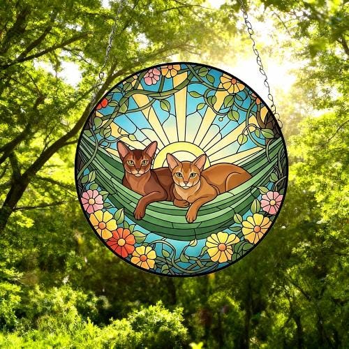Custom Couple Abyssinian  Glass Suncatcher, Abyssinian  cat Mom Window Hanging, Wiener Cat Sun Catcher, Pet Lover Gift - image 4