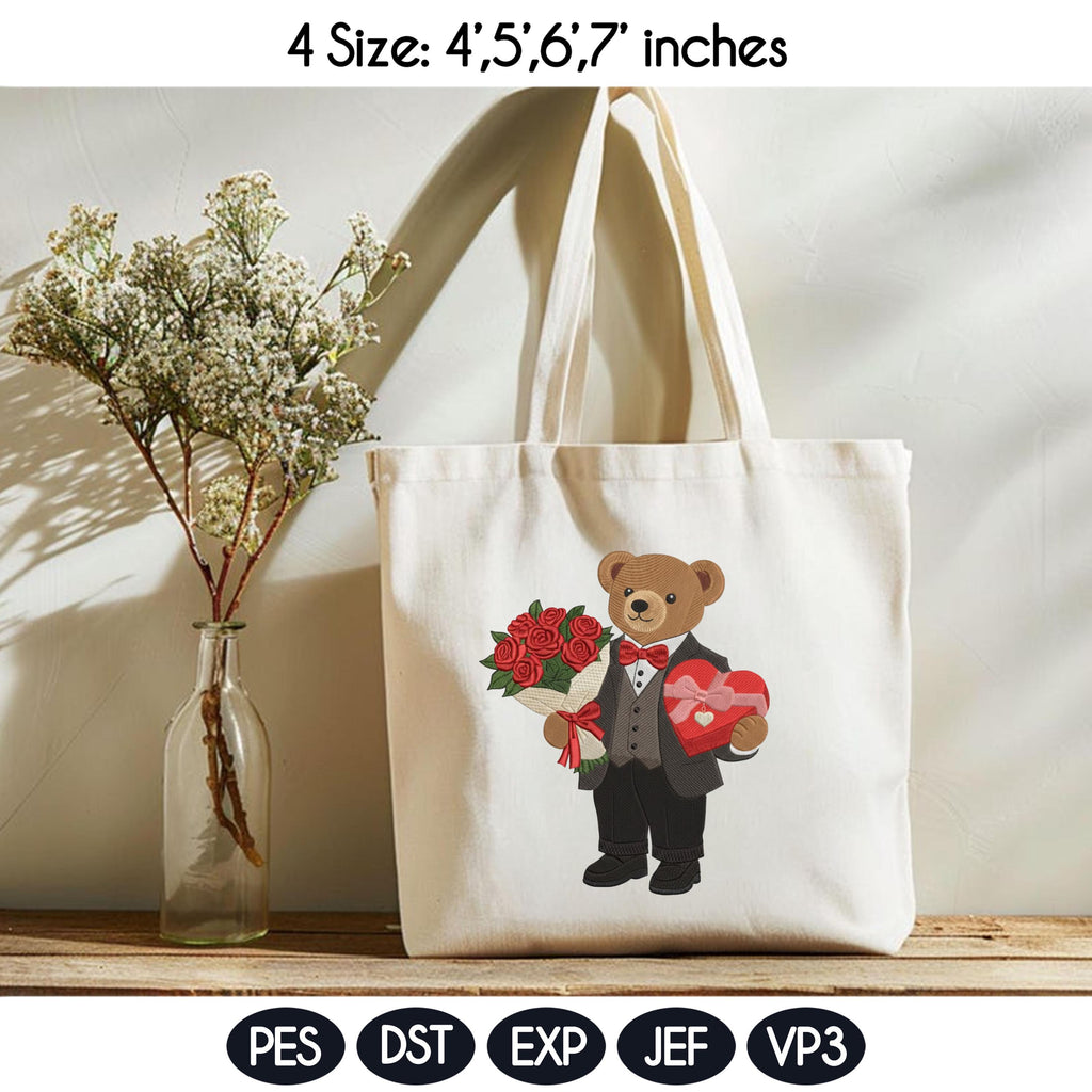 Valentine's Day Bear Embroidery Design, Stylist Bear with Rose Embroidery File, Valentine Bear Machine Embroidery Pattern, Fashion Bear - image 4