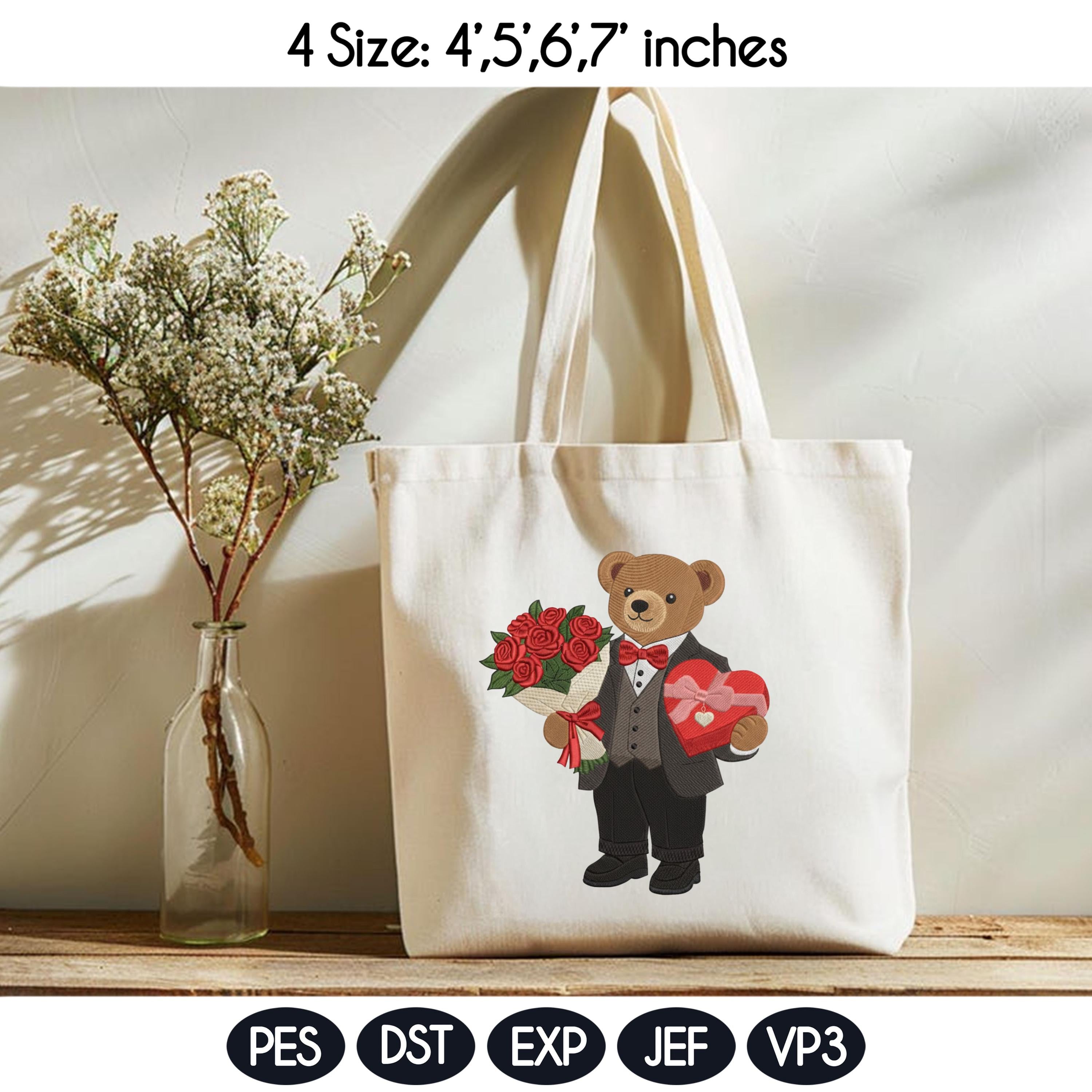 Valentine's Day Bear Embroidery Design, Stylist Bear with Rose Embroidery File, Valentine Bear Machine Embroidery Pattern, Fashion Bear - image 4
