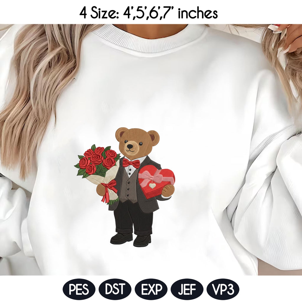 Valentine's Day Bear Embroidery Design, Stylist Bear with Rose Embroidery File, Valentine Bear Machine Embroidery Pattern, Fashion Bear - image 3
