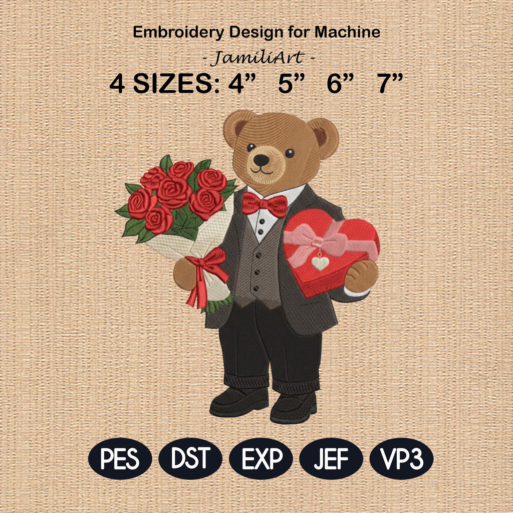 Valentine's Day Bear Embroidery Design, Stylist Bear with Rose Embroidery File, Valentine Bear Machine Embroidery Pattern, Fashion Bear