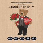 Valentine's Day Bear Embroidery Design, Stylist Bear with Rose Embroidery File, Valentine Bear Machine Embroidery Pattern, Fashion Bear