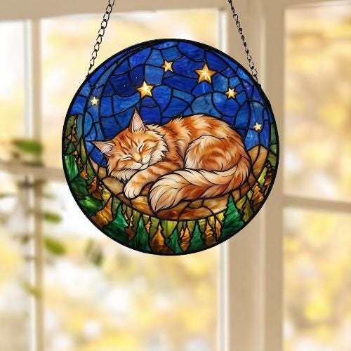 Custom Maine Coon Sleeping Cat Suncatcher, Stained Glass Window Hanging , Moon Starry Night Sun Catcher Gift for Cat Moms - image 2