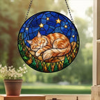 Custom Maine Coon Sleeping Cat Suncatcher, Stained Glass Window Hanging , Moon Starry Night Sun Catcher Gift for Cat Moms
