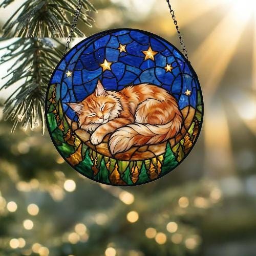 Custom Maine Coon Sleeping Cat Suncatcher, Stained Glass Window Hanging , Moon Starry Night Sun Catcher Gift for Cat Moms - image 5