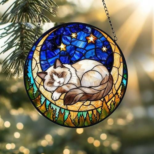 Custom Ragdoll  Sleeping Cat Suncatcher, Stained Glass Window Hanging , Moon Starry Night Sun Catcher Gift for Cat Moms - image 5