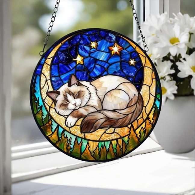 Custom Ragdoll  Sleeping Cat Suncatcher, Stained Glass Window Hanging , Moon Starry Night Sun Catcher Gift for Cat Moms