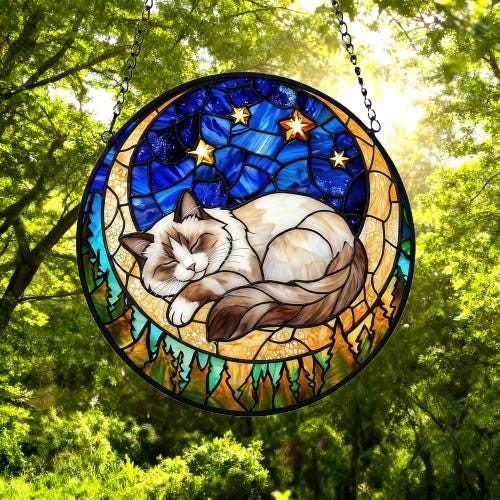 Custom Ragdoll  Sleeping Cat Suncatcher, Stained Glass Window Hanging , Moon Starry Night Sun Catcher Gift for Cat Moms - image 3