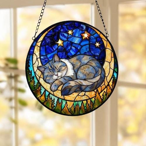 Custom British Shorthair Sleeping Cat Suncatcher, Stained Glass Window Hanging , Moon Starry Night Sun Catcher Gift for Cat Moms - image 5