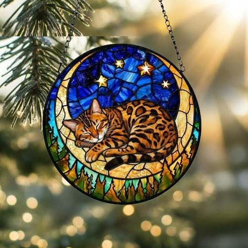 Custom Bengal  Sleeping Cat Suncatcher, Stained Glass Window Hanging , Moon Starry Night Sun Catcher Gift for Cat Moms - image 2