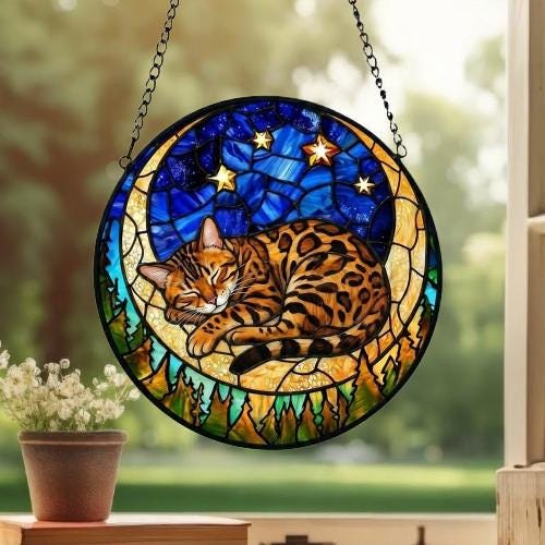 Custom Bengal  Sleeping Cat Suncatcher, Stained Glass Window Hanging , Moon Starry Night Sun Catcher Gift for Cat Moms - image 3