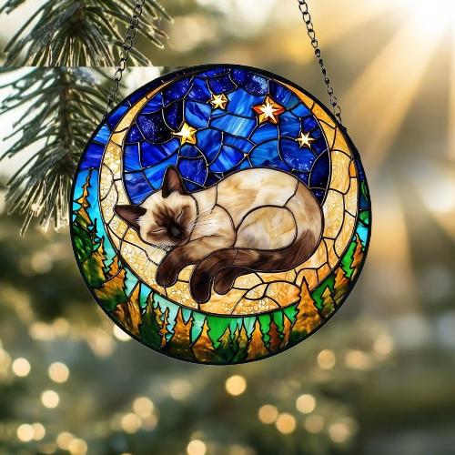 Custom Siamese cat Sleeping Cat Suncatcher, Stained Glass Window Hanging , Moon Starry Night Sun Catcher Gift for Cat Moms - image 2