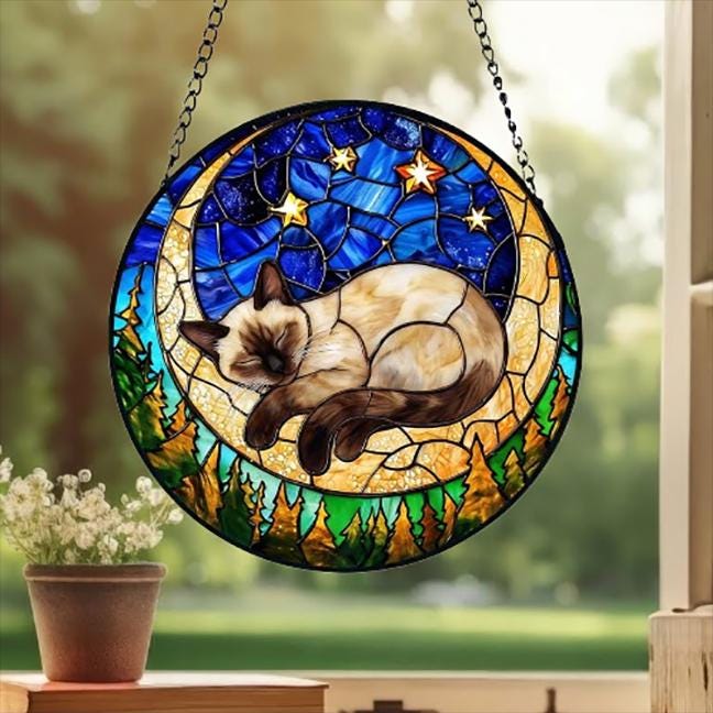 Custom Siamese cat Sleeping Cat Suncatcher, Stained Glass Window Hanging , Moon Starry Night Sun Catcher Gift for Cat Moms