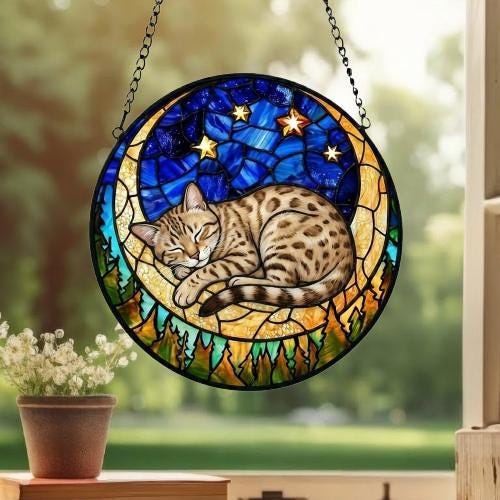 Custom Egyptian Mau cat Sleeping Cat Suncatcher, Stained Glass Window Hanging , Moon Starry Night Sun Catcher Gift for Cat Moms - image 3