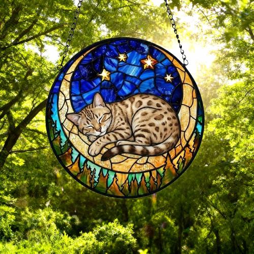 Custom Egyptian Mau cat Sleeping Cat Suncatcher, Stained Glass Window Hanging , Moon Starry Night Sun Catcher Gift for Cat Moms - image 4