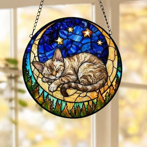 Custom Devon Rex cat Sleeping Cat Suncatcher, Stained Glass Window Hanging , Moon Starry Night Sun Catcher Gift for Cat Moms - image 5
