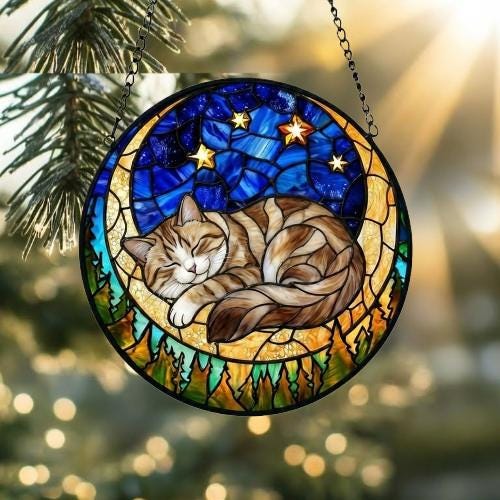 Custom American Shorthair cat Sleeping Cat Suncatcher, Stained Glass Window Hanging , Moon Starry Night Sun Catcher Gift for Cat Moms - image 2