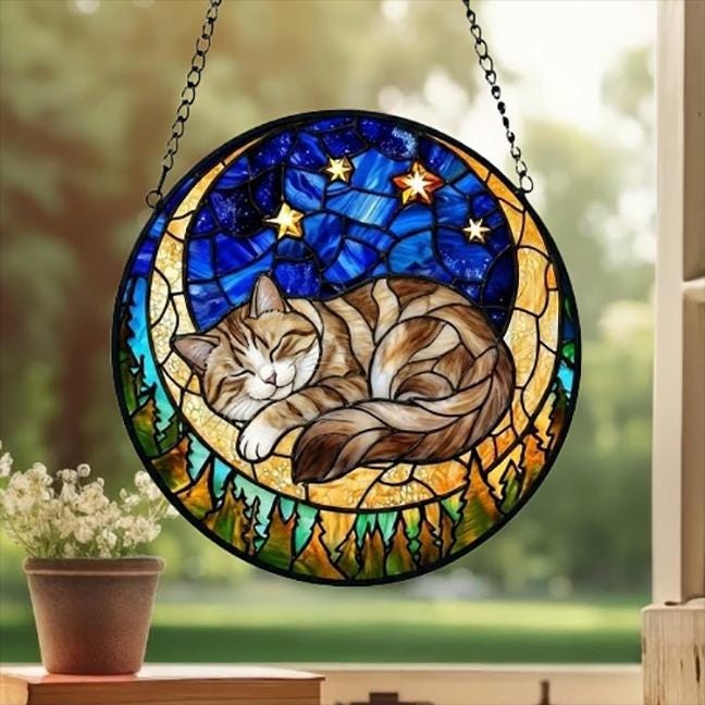 Custom American Shorthair cat Sleeping Cat Suncatcher, Stained Glass Window Hanging , Moon Starry Night Sun Catcher Gift for Cat Moms
