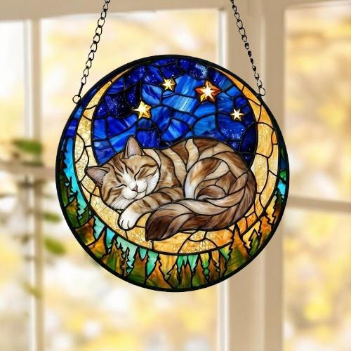 Custom American Shorthair cat Sleeping Cat Suncatcher, Stained Glass Window Hanging , Moon Starry Night Sun Catcher Gift for Cat Moms - image 5