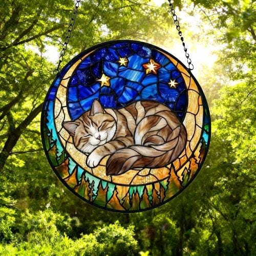 Custom American Shorthair cat Sleeping Cat Suncatcher, Stained Glass Window Hanging , Moon Starry Night Sun Catcher Gift for Cat Moms - image 4