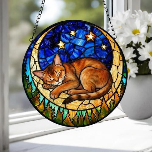 Custom Abyssinian  cat Sleeping Cat Suncatcher, Stained Glass Window Hanging , Moon Starry Night Sun Catcher Gift for Cat Moms - image 4