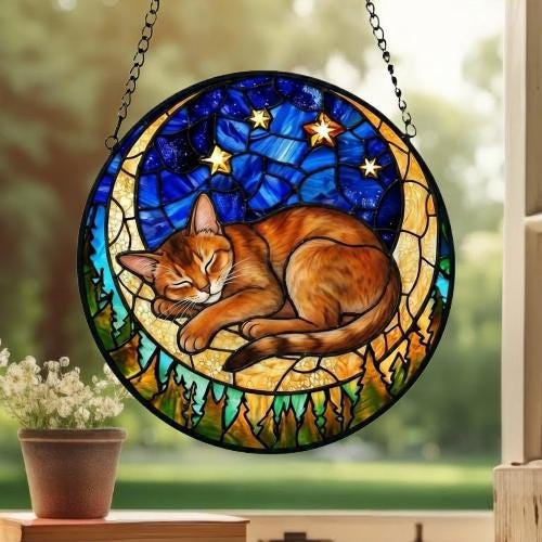 Custom Abyssinian  cat Sleeping Cat Suncatcher, Stained Glass Window Hanging , Moon Starry Night Sun Catcher Gift for Cat Moms - image 3