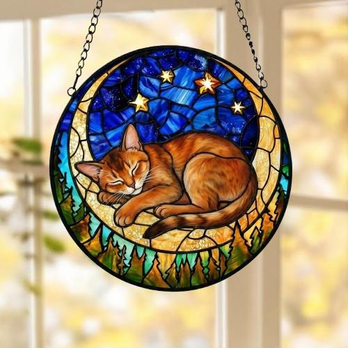 Custom Abyssinian  cat Sleeping Cat Suncatcher, Stained Glass Window Hanging , Moon Starry Night Sun Catcher Gift for Cat Moms - image 5