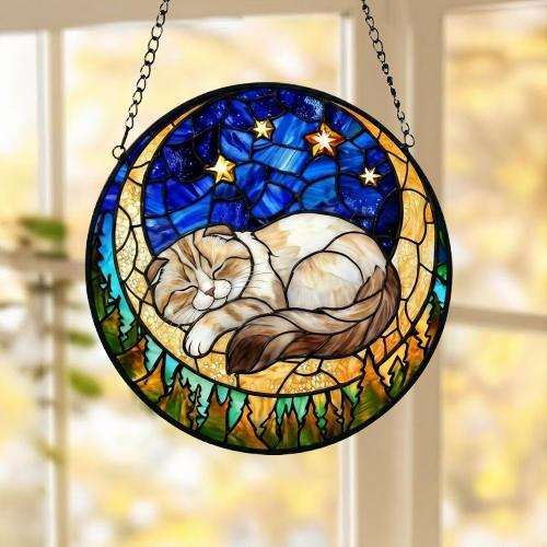 Custom Scottish Fold cat Sleeping Cat Suncatcher, Stained Glass Window Hanging , Moon Starry Night Sun Catcher Gift for Cat Moms - image 5