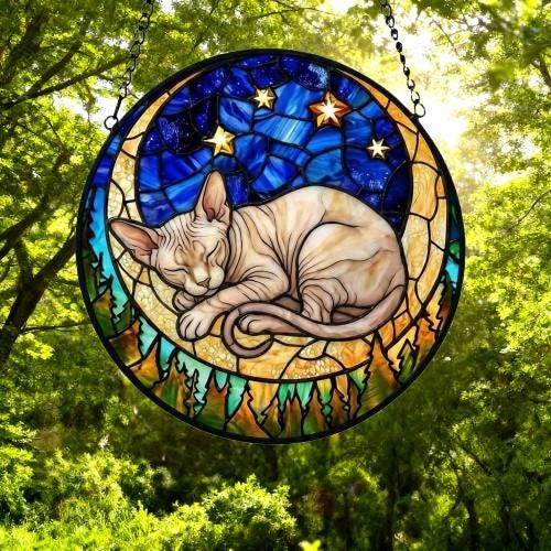 Custom Sphynx  cat Sleeping Cat Suncatcher, Stained Glass Window Hanging , Moon Starry Night Sun Catcher Gift for Cat Moms - image 5