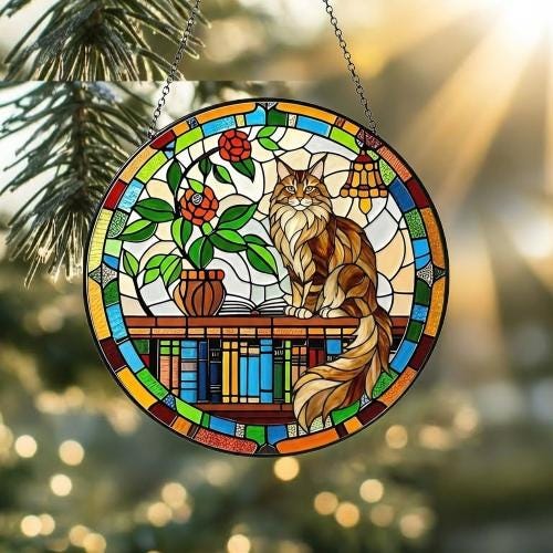 Custom Maine Coon Sun Catcher Cat Sitting On Bookshelf  ,Stained Glass Window Hanging Book Lover Gifts for Women Book Wall Decor Handmade - image 4