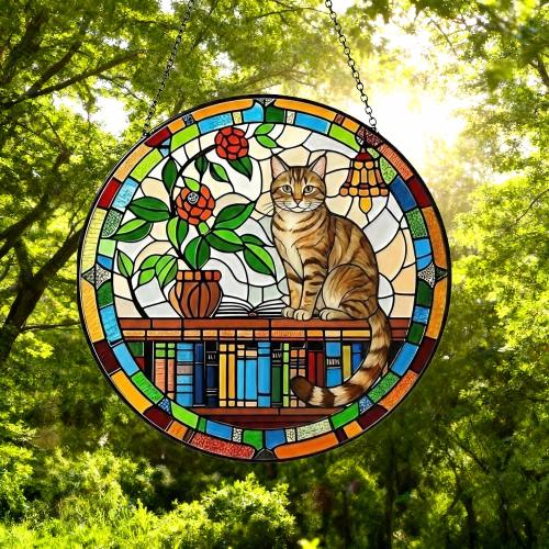 Domestic Shorthair  Sun Catcher Cat Sitting On Bookshelf  ,Stained Glass Window Hanging Book Lover Gifts for Women Book Wall Decor Handmade - image 5