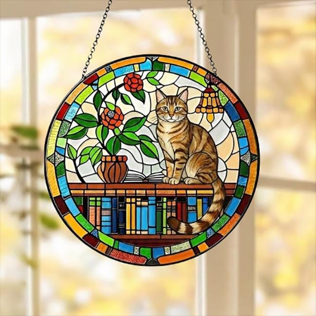 Domestic Shorthair  Sun Catcher Cat Sitting On Bookshelf  ,Stained Glass Window Hanging Book Lover Gifts for Women Book Wall Decor Handmade