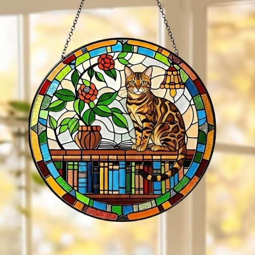Custom Bengal  Sun Catcher Cat Sitting On Bookshelf  ,Stained Glass Window Hanging Book Lover Gifts for Women Book Wall Decor Handmade - image 5