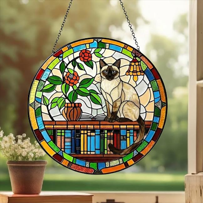 Custom Siamese Sun Catcher Cat Sitting On Bookshelf  ,Stained Glass Window Hanging Book Lover Gifts for Women Book Wall Decor Handmade